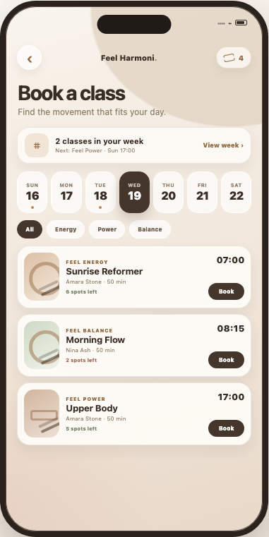 Feel Harmoni class booking screen with dates, class styles and availability